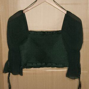 Urban Outfitters Green Cropped Shirred Sheer Sleeve Top Large